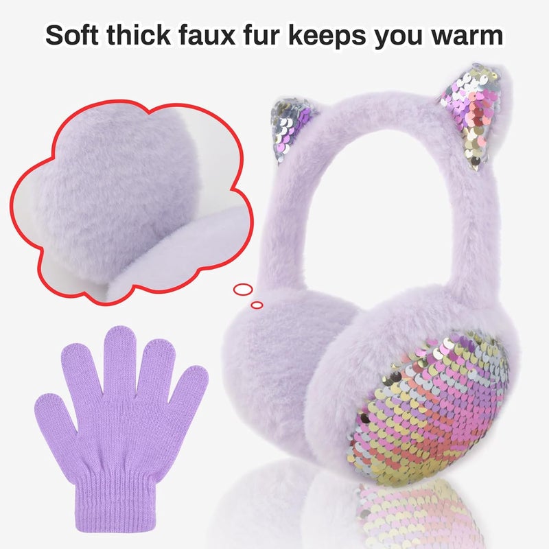 EDCYF Ear Muffs Gloves Set for Kids Girls Winter Ear Muffs Adjustable Sequins Warm Earmuffs Furry Outdoor - Image 5